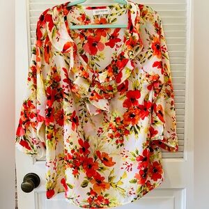Jones New York Floral Ruffle Blouse - Coral and Green. Size XL.